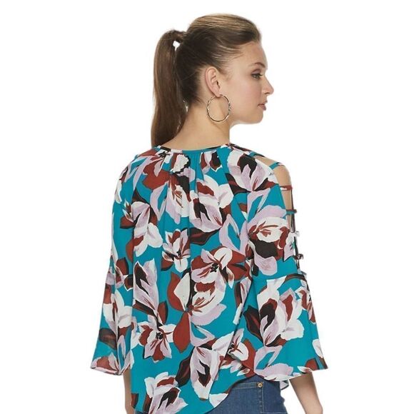 Jennifer Lopez Tops - Jennifer Lopez Women's Turquoise Floral Bar Bell‎ Sleeve Peasant Top Sz M